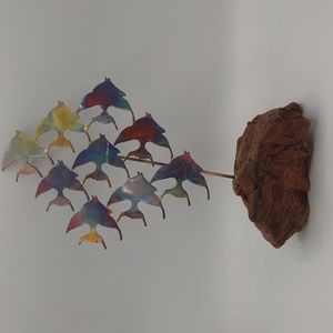 Vintage handcrafted School fish metal driftwood MCM sculpture art decor